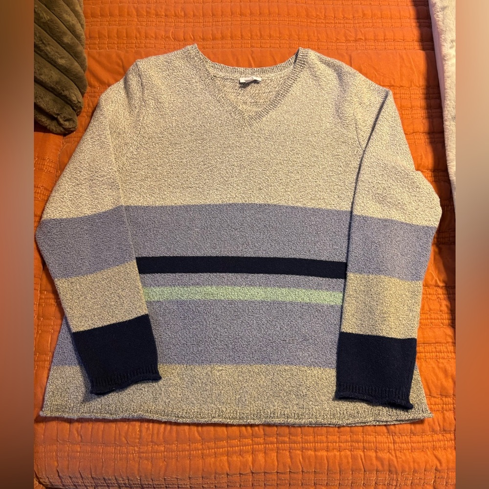 J. Jill V-Neck Sweater in Gray with Blue Stripes, Like New